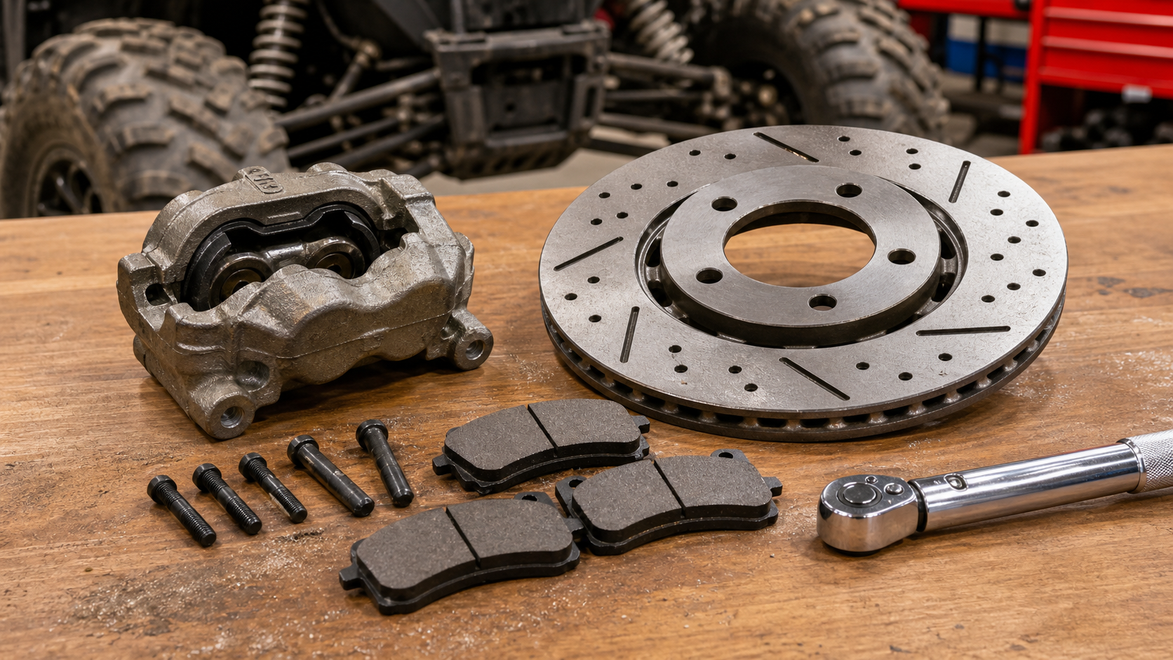 UTV brake pads, rotor, caliper, and torque wrench on a workshop bench