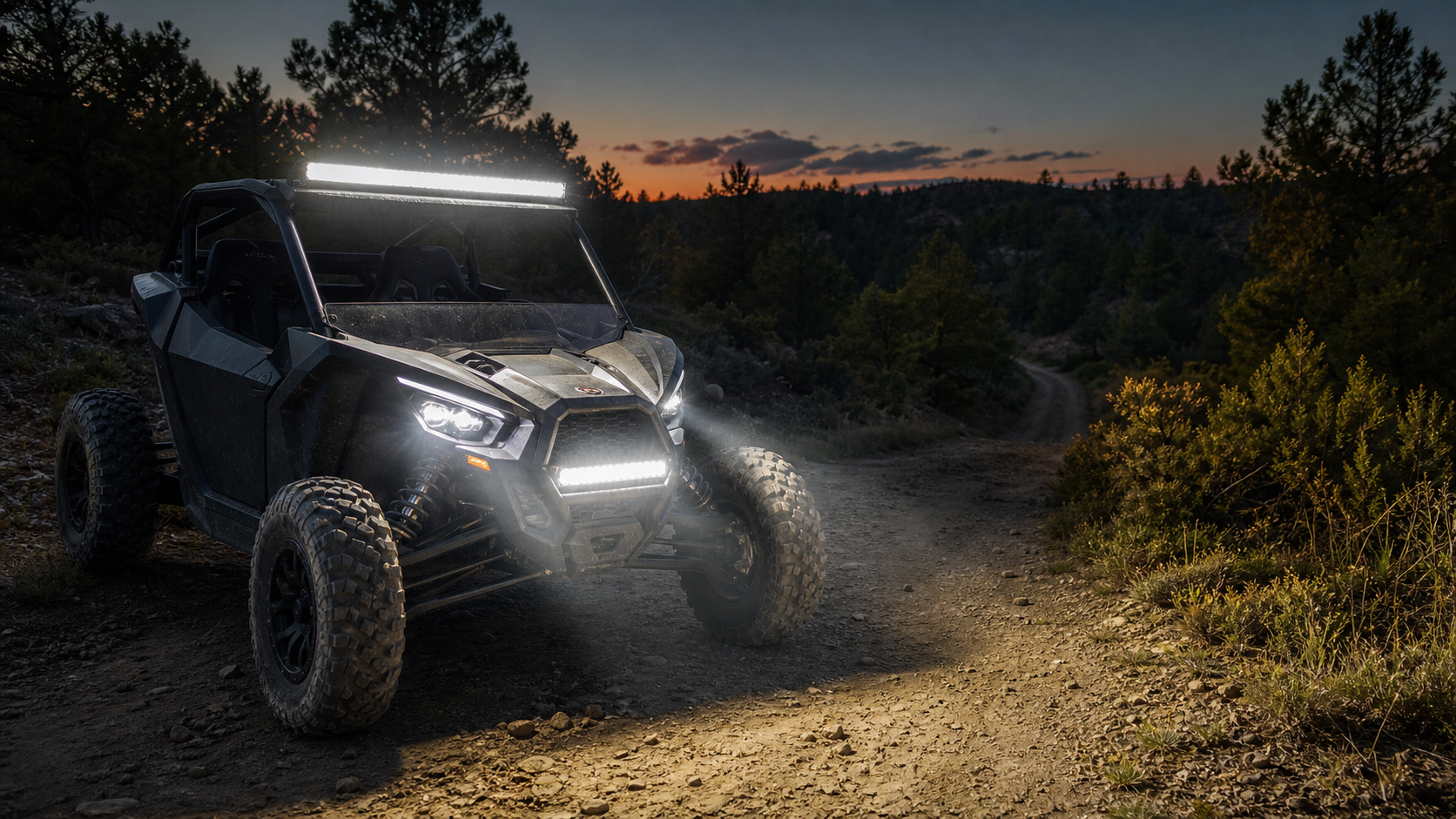 UTV light bar illuminating a safe private trail at dusk