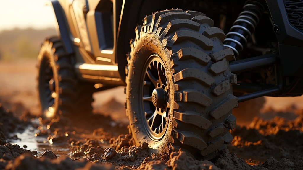 Low-pressure tire gauge checking a UTV tire before a mud ride.