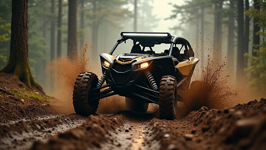 Close view of a UTV tire tread and sidewall after mud riding.