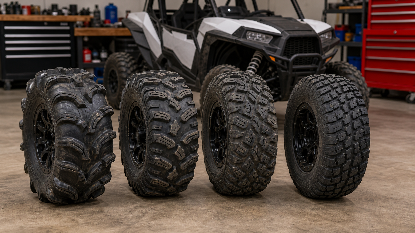 Different UTV tire tread patterns for mud, trail, and all-terrain riding