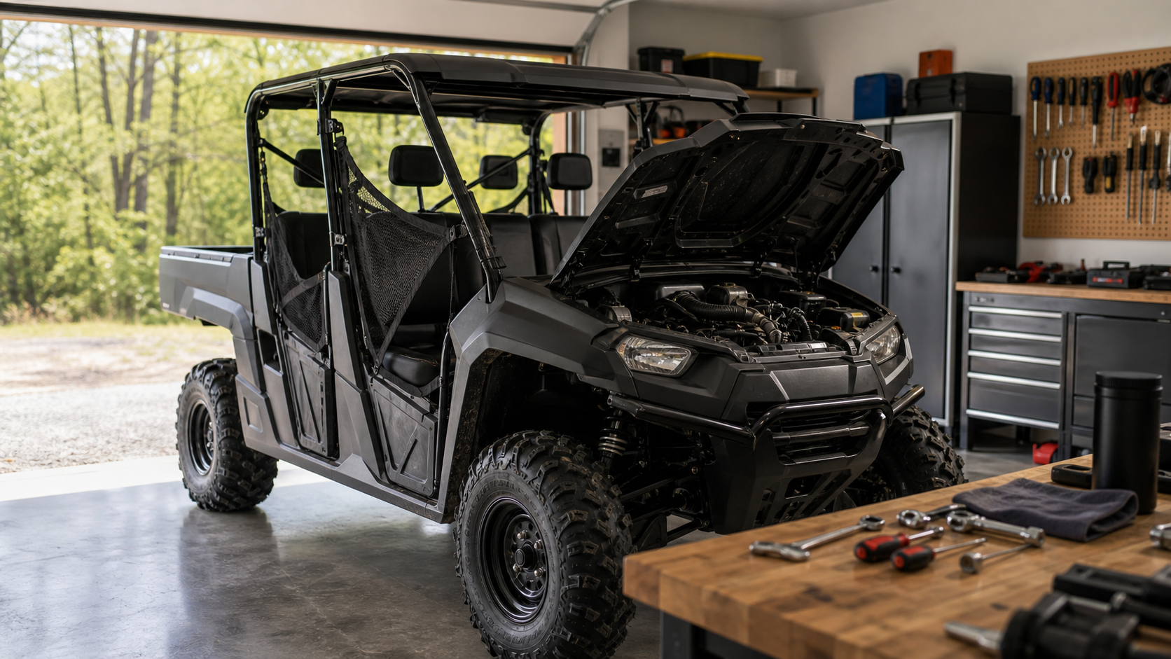 A generic utility side-by-side UTV in a garage for a Honda Pioneer 1000 problems guide