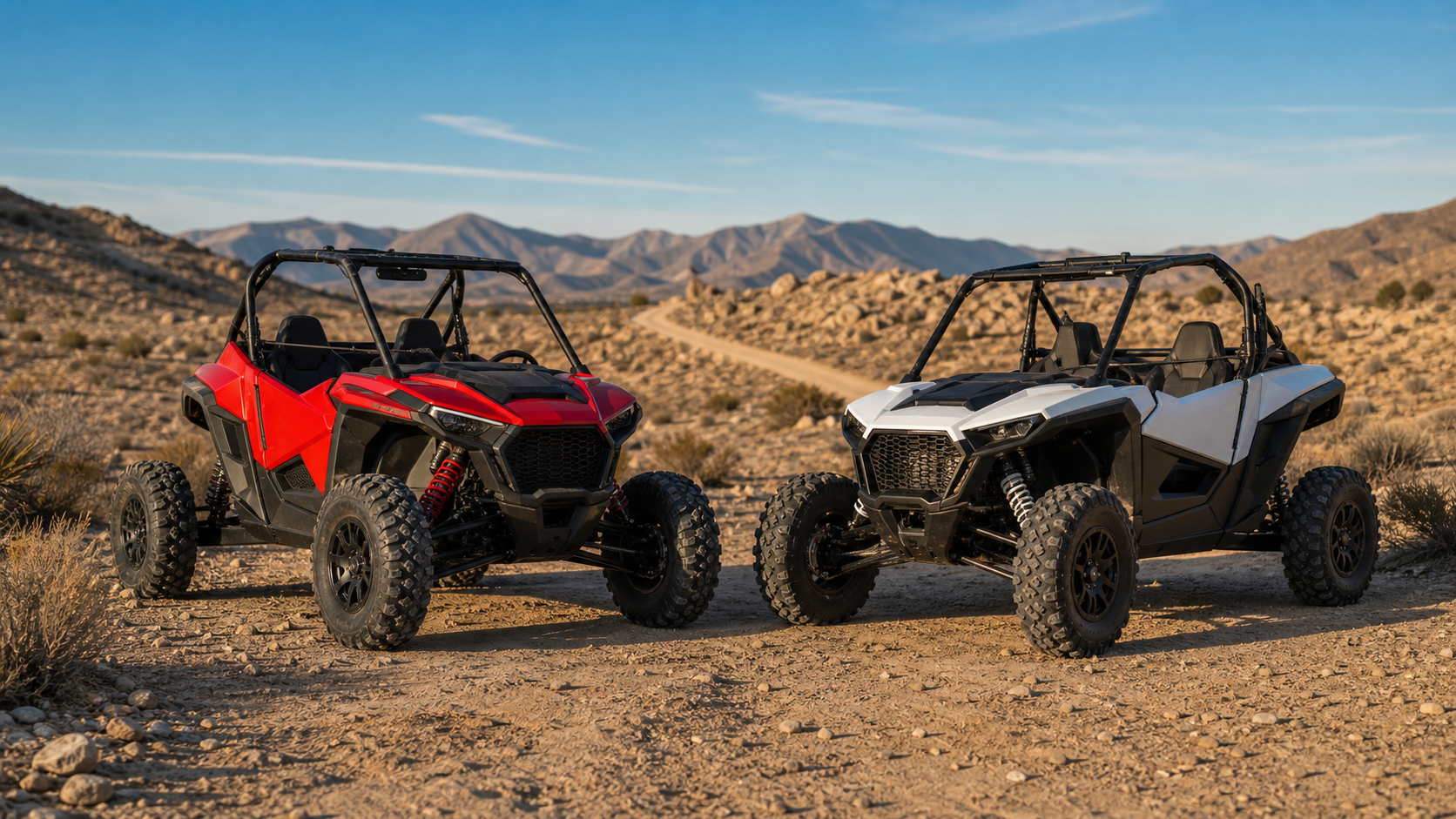 Two generic sport side-by-side UTVs on a desert trail for a Honda Talon vs Polaris RZR comparison