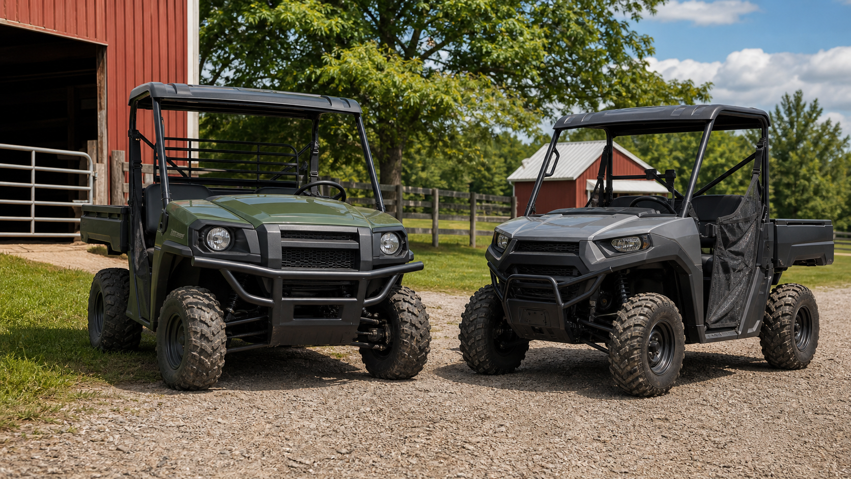 Two generic utility side-by-side UTVs parked by a barn for a Kawasaki Mule vs Polaris Ranger comparison