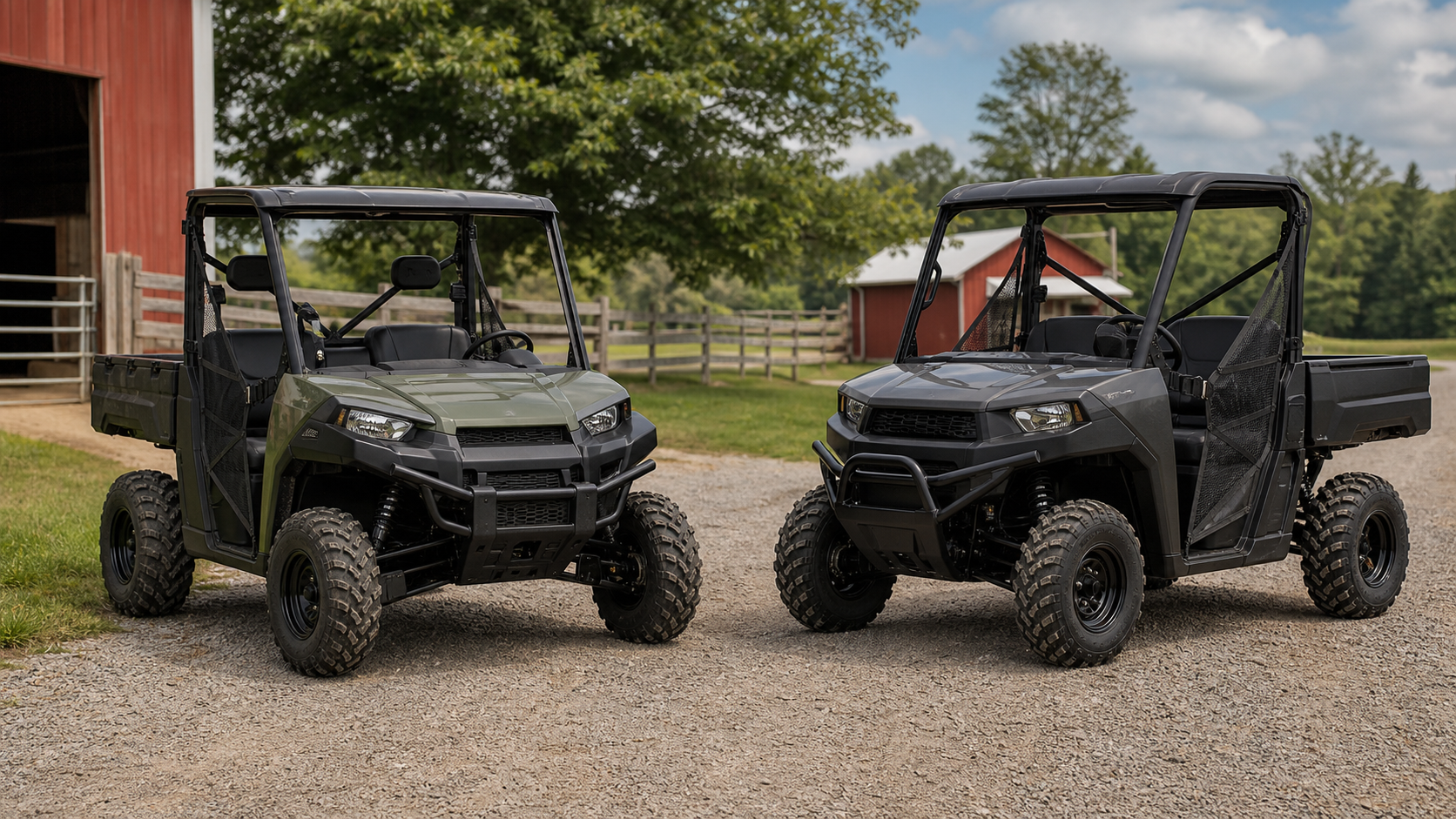 Two generic utility UTVs parked side by side on a gravel farm road