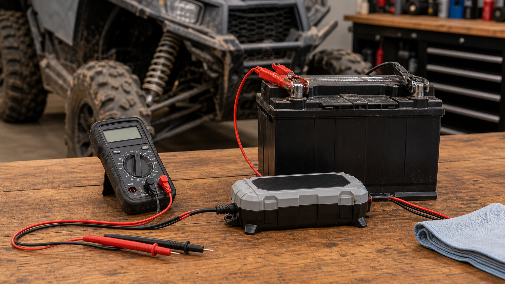 UTV battery maintainer, multimeter, and clean battery terminals in a workshop