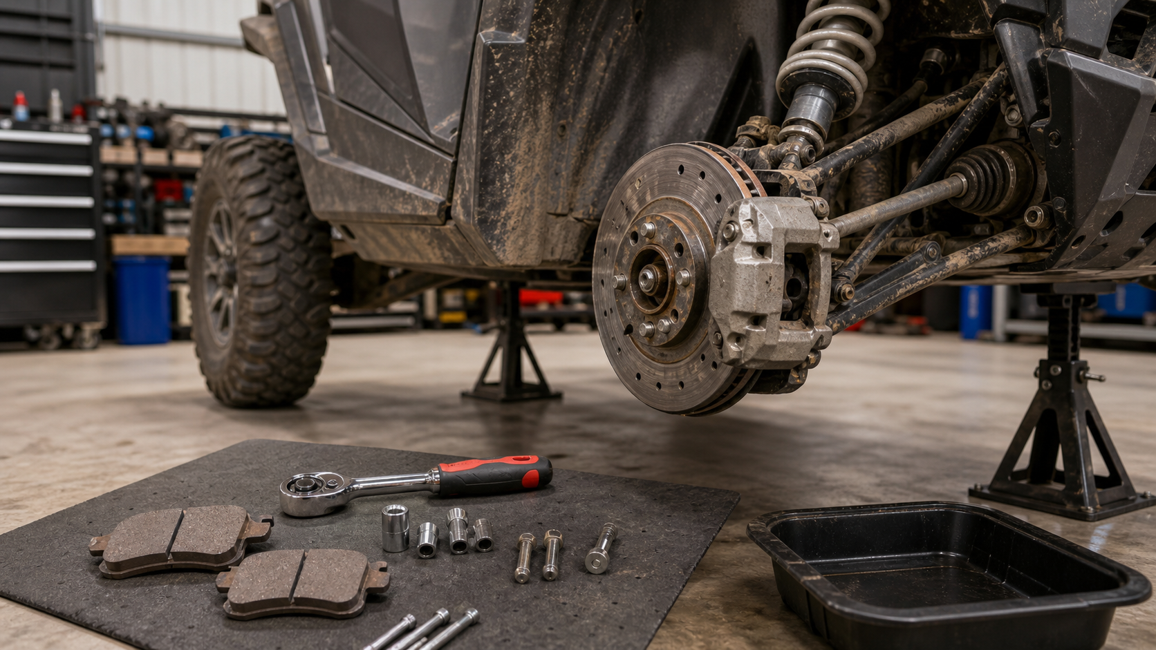 UTV brake service setup with wheel removed and tools arranged safely