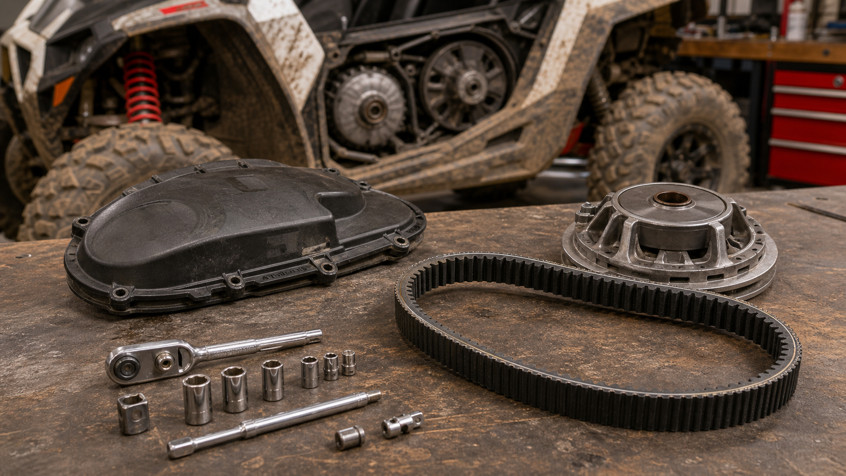 UTV CVT belt and clutch maintenance parts on a workshop bench