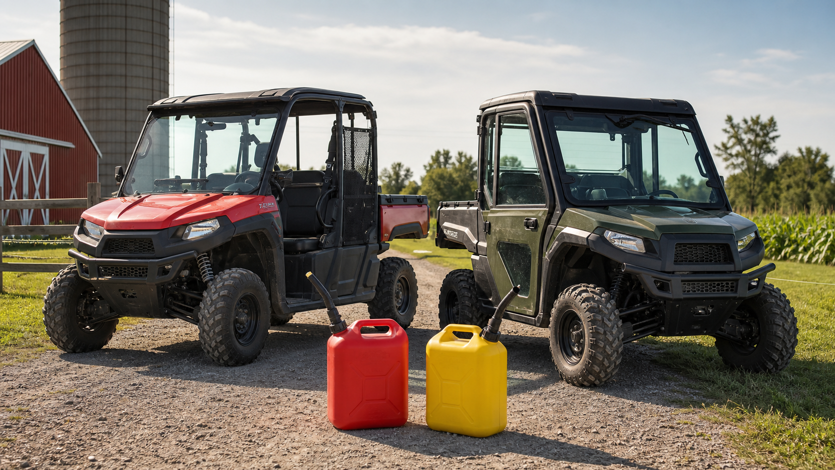 Two utility UTVs with gas and diesel fuel cans on a farm lane